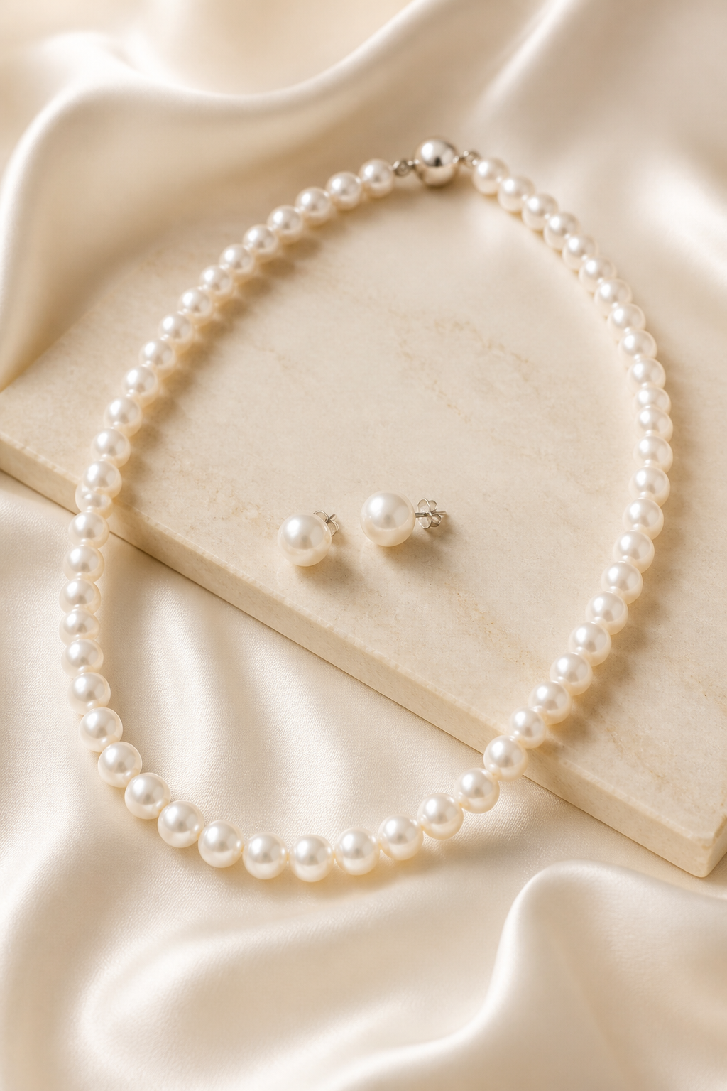 White pearl necklace and pearl stud earrings on ivory silk