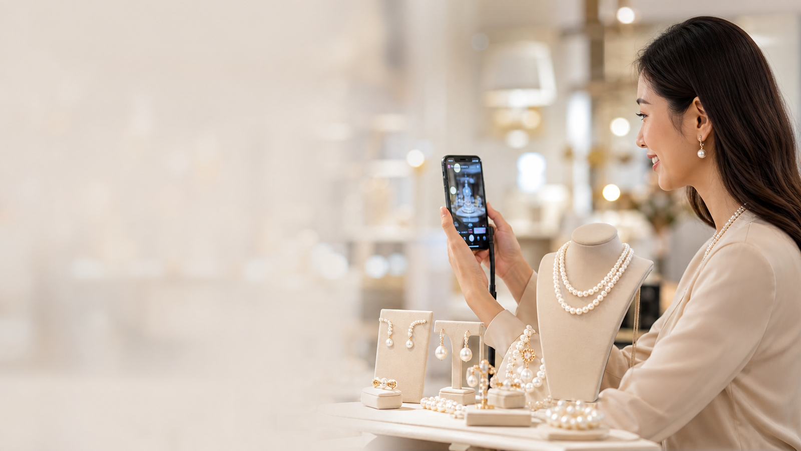 Side-profile jewelry host livestreaming pearl jewelry with a smartphone