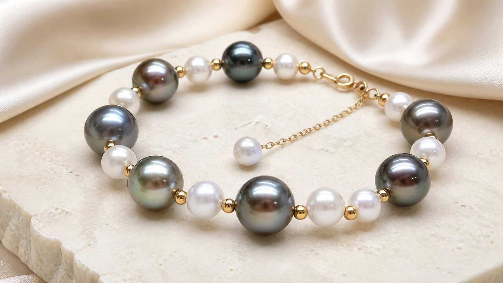 Akoya & Tahitian Pearl Adjustable Bracelet Close-up of Akoya and Tahitian pearl adjustable bracelet