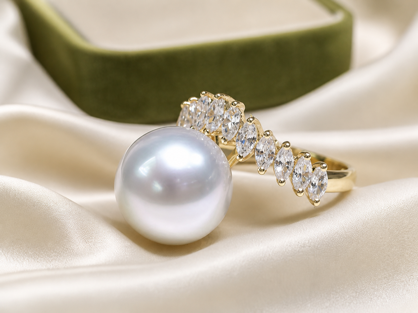 Close-up of Aurora white pearl sterling silver ring