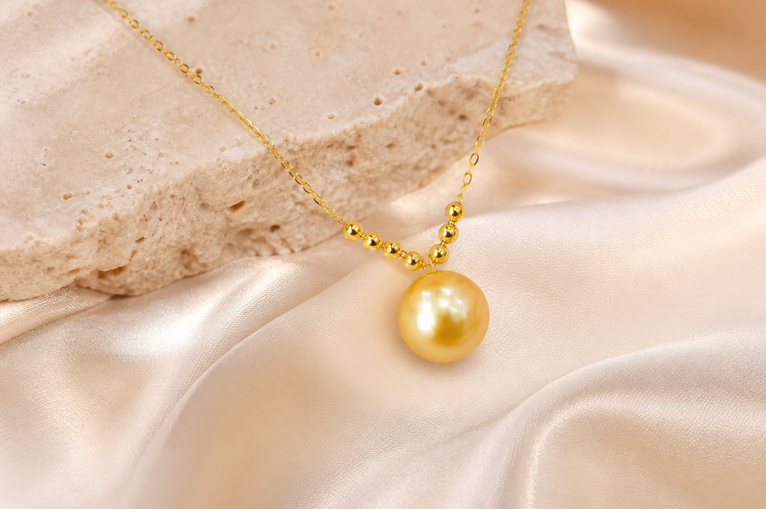 Close-up of golden South Sea pearl necklace